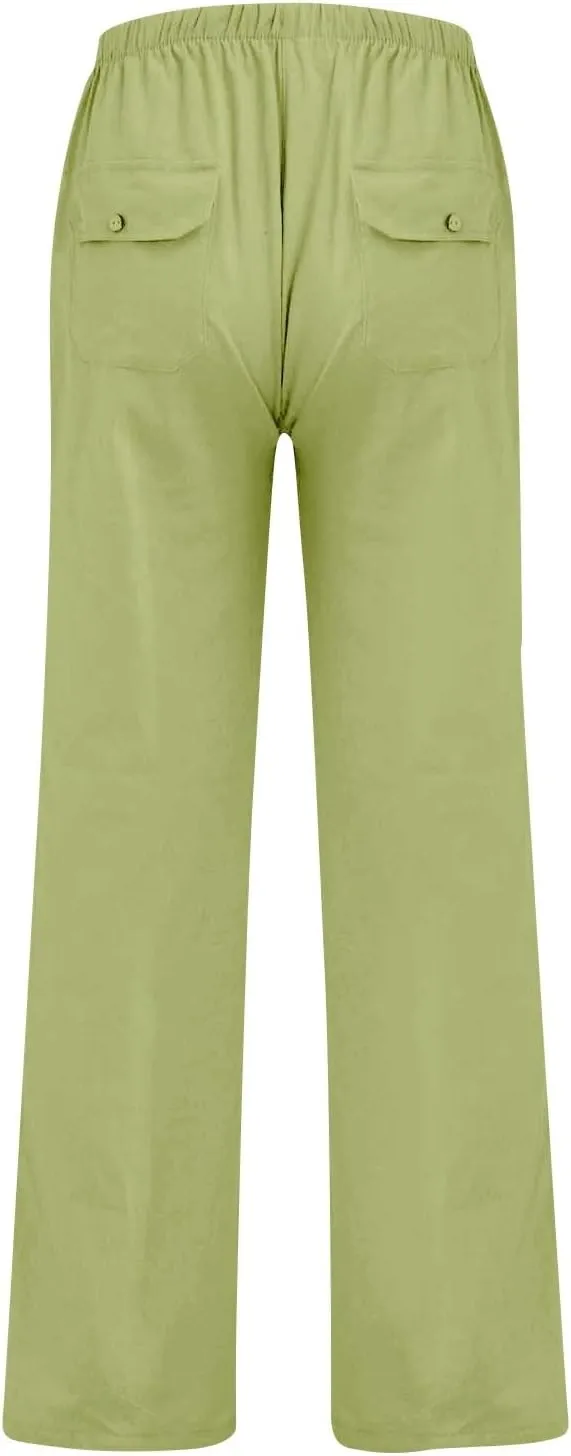 Men's Linen Pants Casual Drawstring Elastic Waist Loose Fit Pant Beach Summer Lightweight Yoga Trousers with Pockets