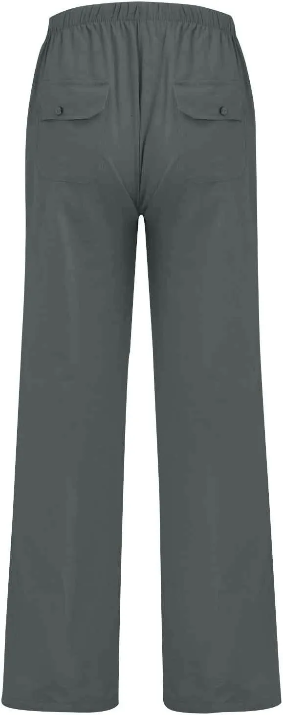 Men's Linen Pants Casual Drawstring Elastic Waist Loose Fit Pant Beach Summer Lightweight Yoga Trousers with Pockets