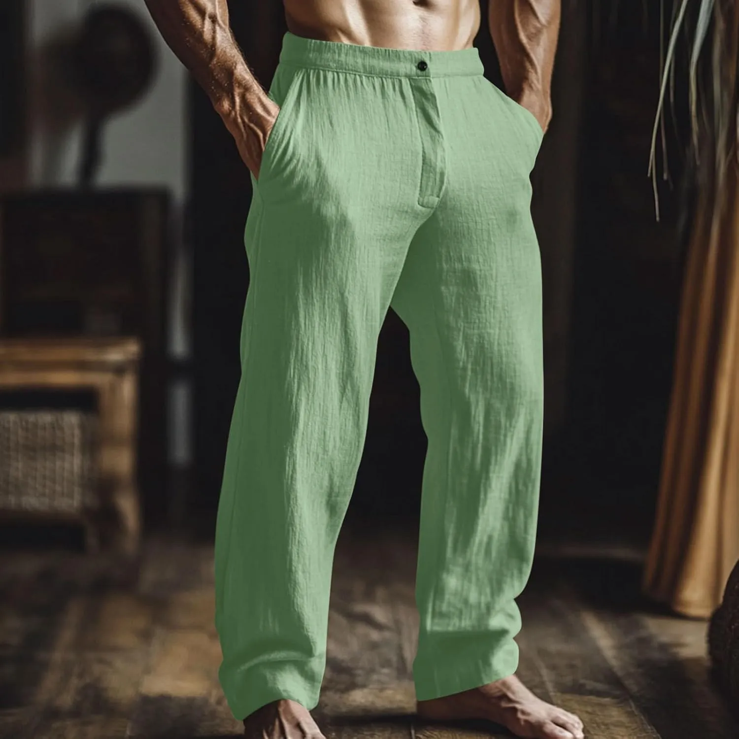 Men's Linen Pants Casual Elastic Waist Loose Fit Yoga Pant Beach Summer Lightweight Trousers