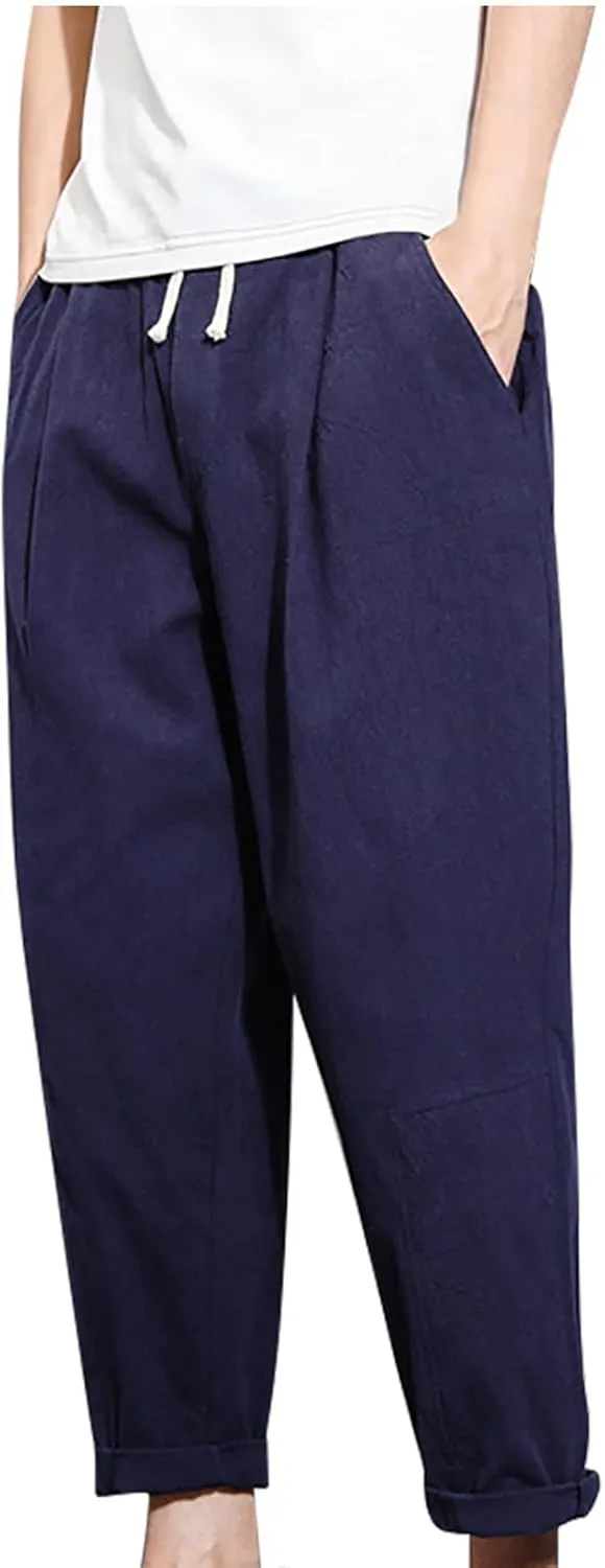 Mens Linen Pants Casual Loose Fit Cropped-Pant Drawstring Basic Comfy Trousers Fashion Lightweight Lounge Outfit 2025