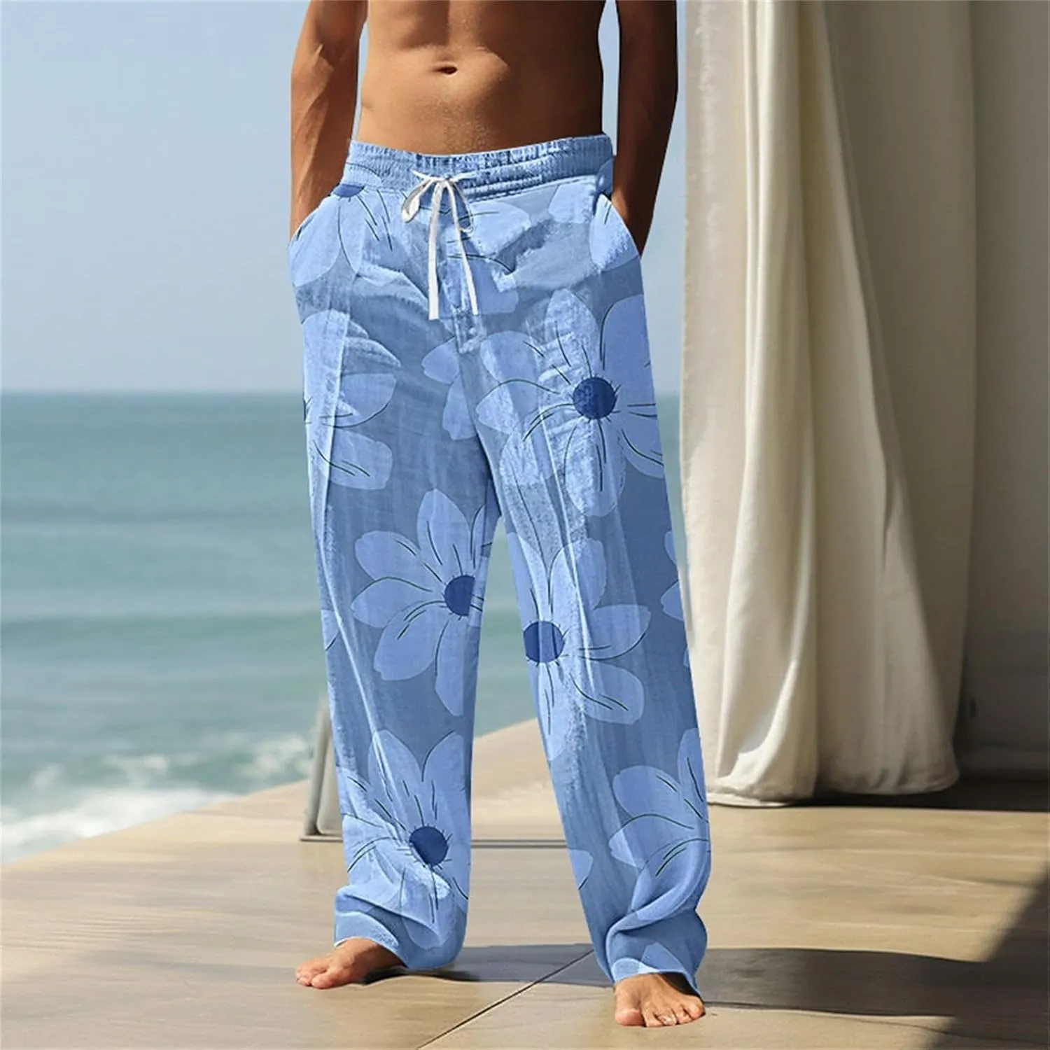 Mens Linen Pants Casual Pants Yoga Beach Loose Fit Casual Summer Elastic Waist Drawstring Straight-Legs Summer Yoga