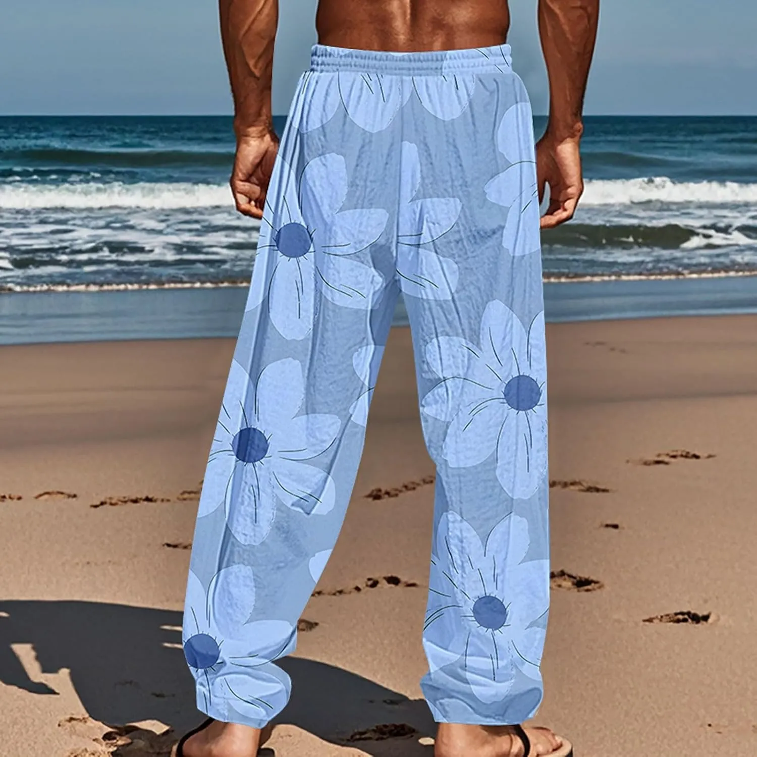 Mens Linen Pants Casual Pants Yoga Beach Loose Fit Casual Summer Elastic Waist Drawstring Straight-Legs Summer Yoga