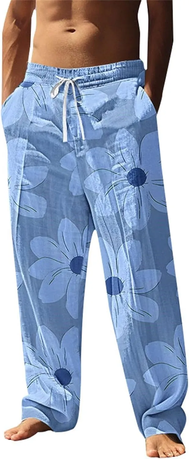 Mens Linen Pants Casual Pants Yoga Beach Loose Fit Casual Summer Elastic Waist Drawstring Straight-Legs Summer Yoga