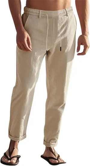 Mens Pants Casual Beach Linen Pants Drawstring Active Golf Pants Tapered Straight Leg Yoga Pants Dress Pants with Pocket