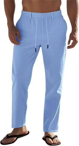 Mens Pants Casual Beach Linen Pants Drawstring Active Golf Pants Tapered Straight Leg Yoga Pants Dress Pants with Pocket
