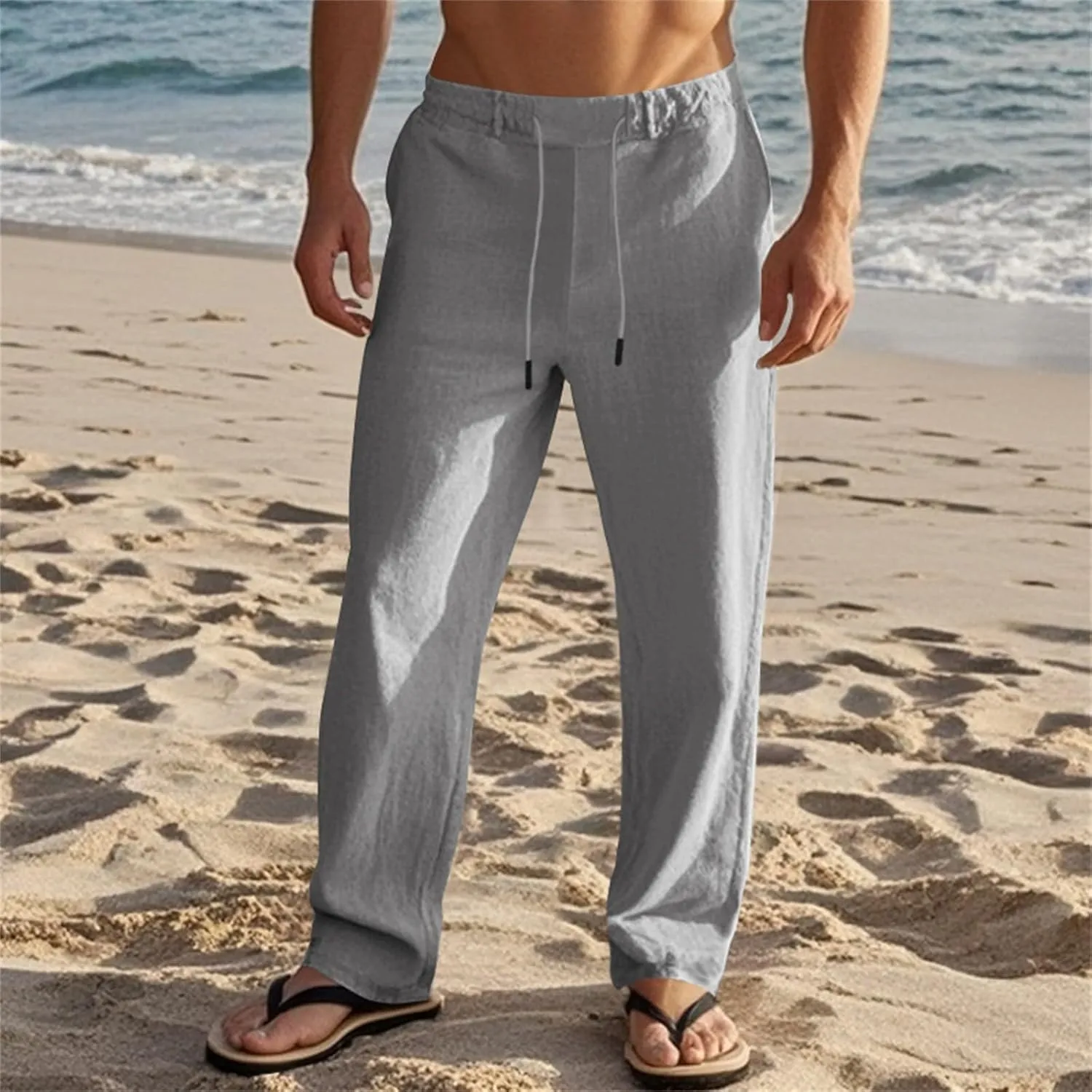 Mens Pants Casual Beach Linen Pants Drawstring Active Golf Pants Tapered Straight Leg Yoga Pants Dress Pants with Pocket