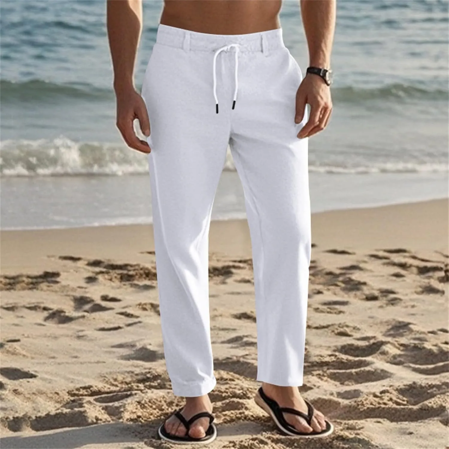 Mens Pants Casual Beach Linen Pants Drawstring Active Golf Pants Tapered Straight Leg Yoga Pants Dress Pants with Pocket