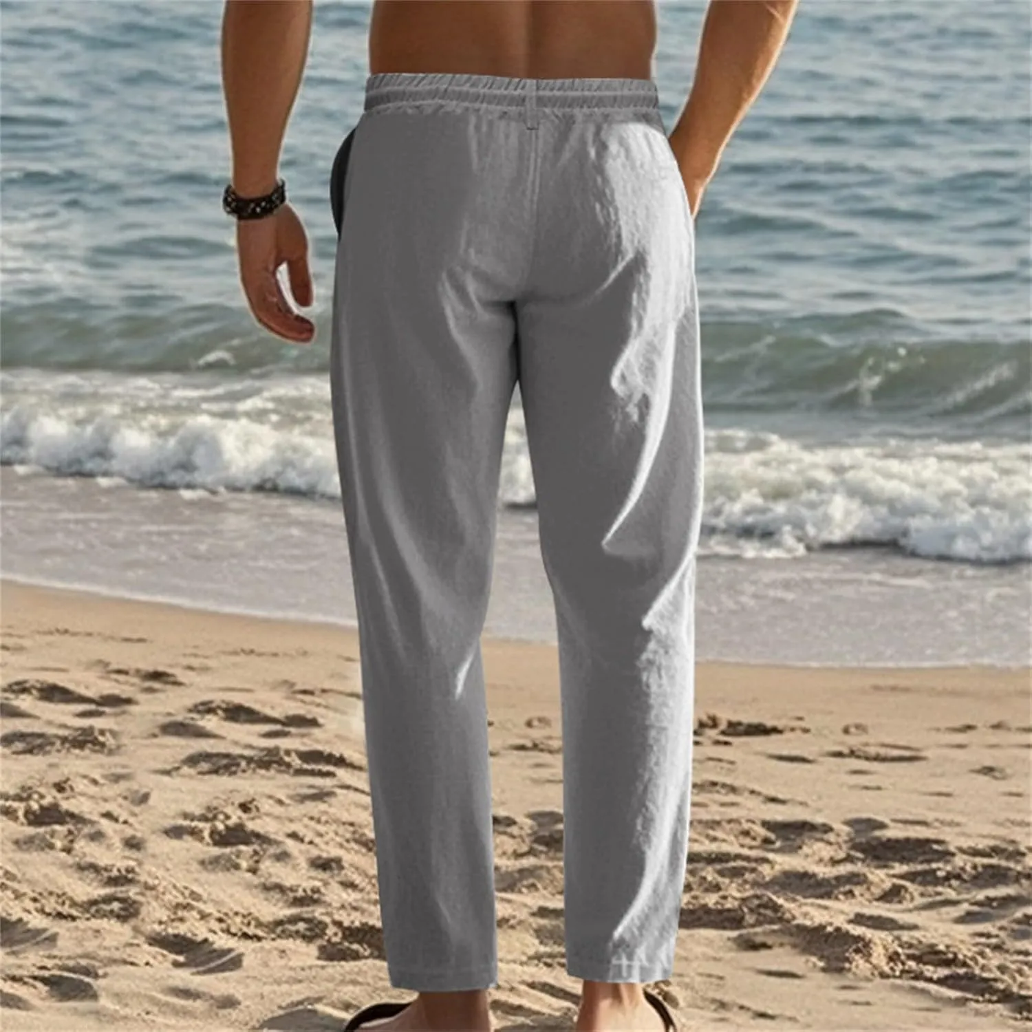 Mens Pants Casual Beach Linen Pants Drawstring Active Golf Pants Tapered Straight Leg Yoga Pants Dress Pants with Pocket