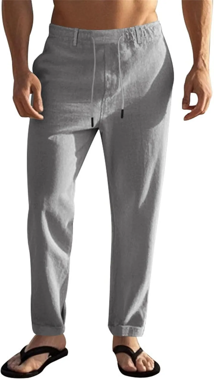 Mens Pants Casual Beach Linen Pants Drawstring Active Golf Pants Tapered Straight Leg Yoga Pants Dress Pants with Pocket