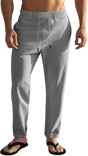 Mens Pants Casual Beach Linen Pants Drawstring Active Golf Pants Tapered Straight Leg Yoga Pants Dress Pants with Pocket