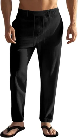 Mens Pants Casual Beach Linen Pants Drawstring Active Golf Pants Tapered Straight Leg Yoga Pants Dress Pants with Pocket