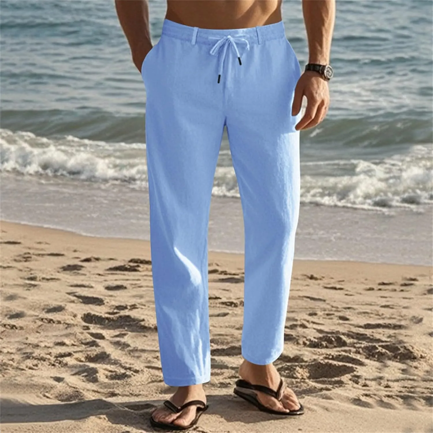 Mens Pants Casual Beach Linen Pants Drawstring Active Golf Pants Tapered Straight Leg Yoga Pants Dress Pants with Pocket