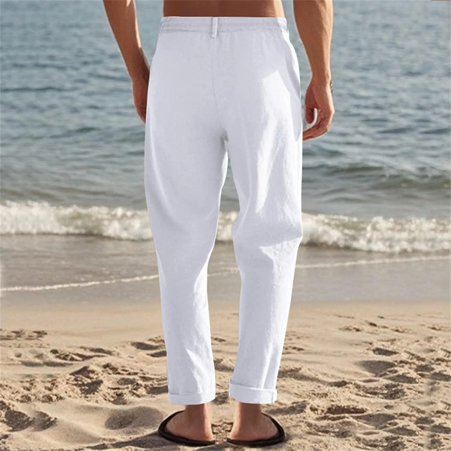 Mens Pants Casual Beach Linen Pants Drawstring Active Golf Pants Tapered Straight Leg Yoga Pants Dress Pants with Pocket