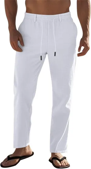 Mens Pants Casual Beach Linen Pants Drawstring Active Golf Pants Tapered Straight Leg Yoga Pants Dress Pants with Pocket