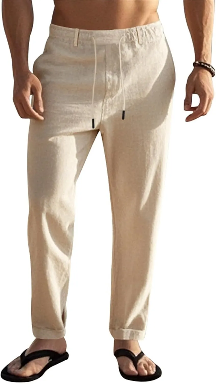 Mens Pants Casual Beach Linen Pants Drawstring Active Golf Pants Tapered Straight Leg Yoga Pants Dress Pants with Pocket