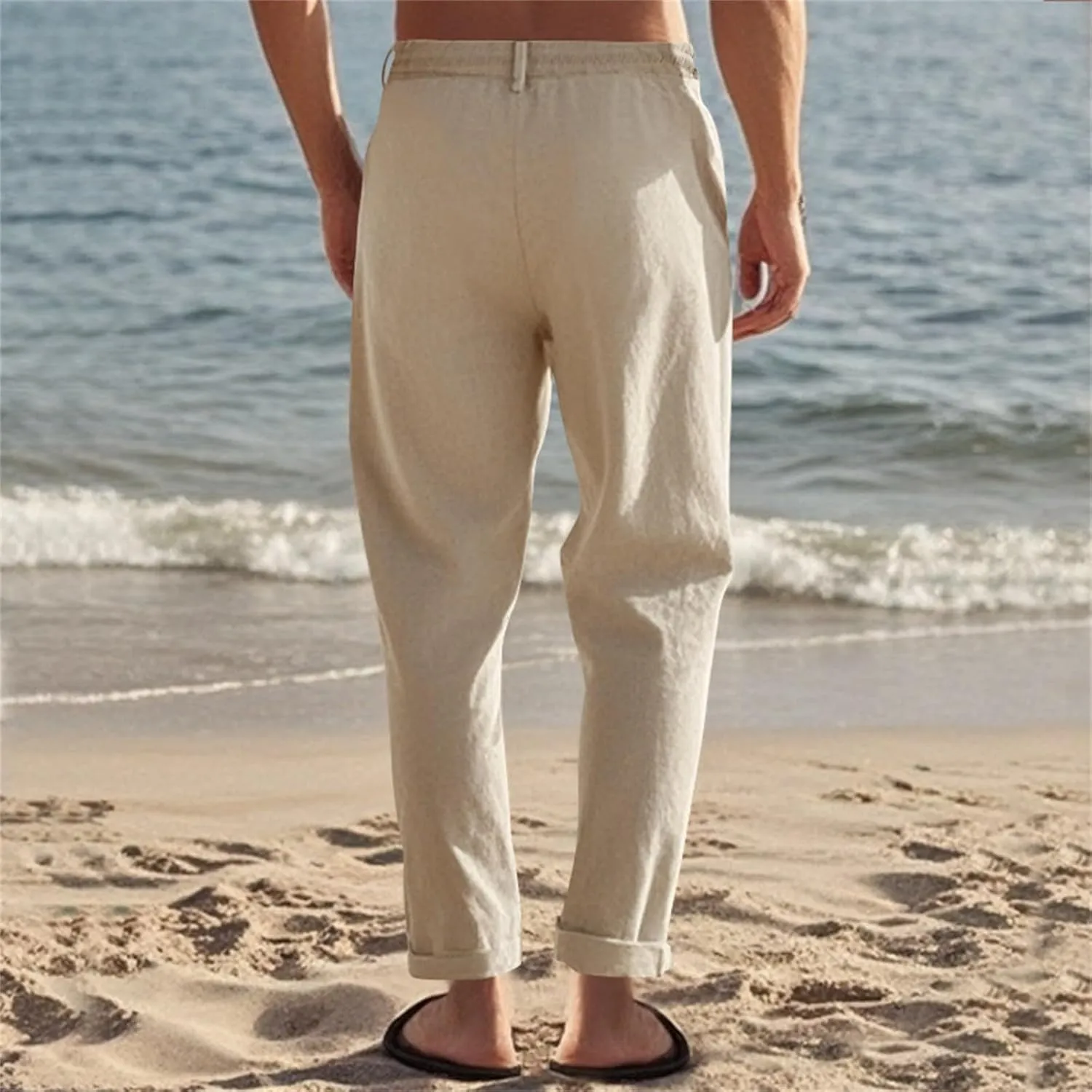 Mens Pants Casual Beach Linen Pants Drawstring Active Golf Pants Tapered Straight Leg Yoga Pants Dress Pants with Pocket