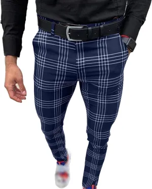 Men's Plaid Print Casual Pants Trousers Stretch Tapered Pants with Pocket Slim Fit Chinos Pants Dress Pants