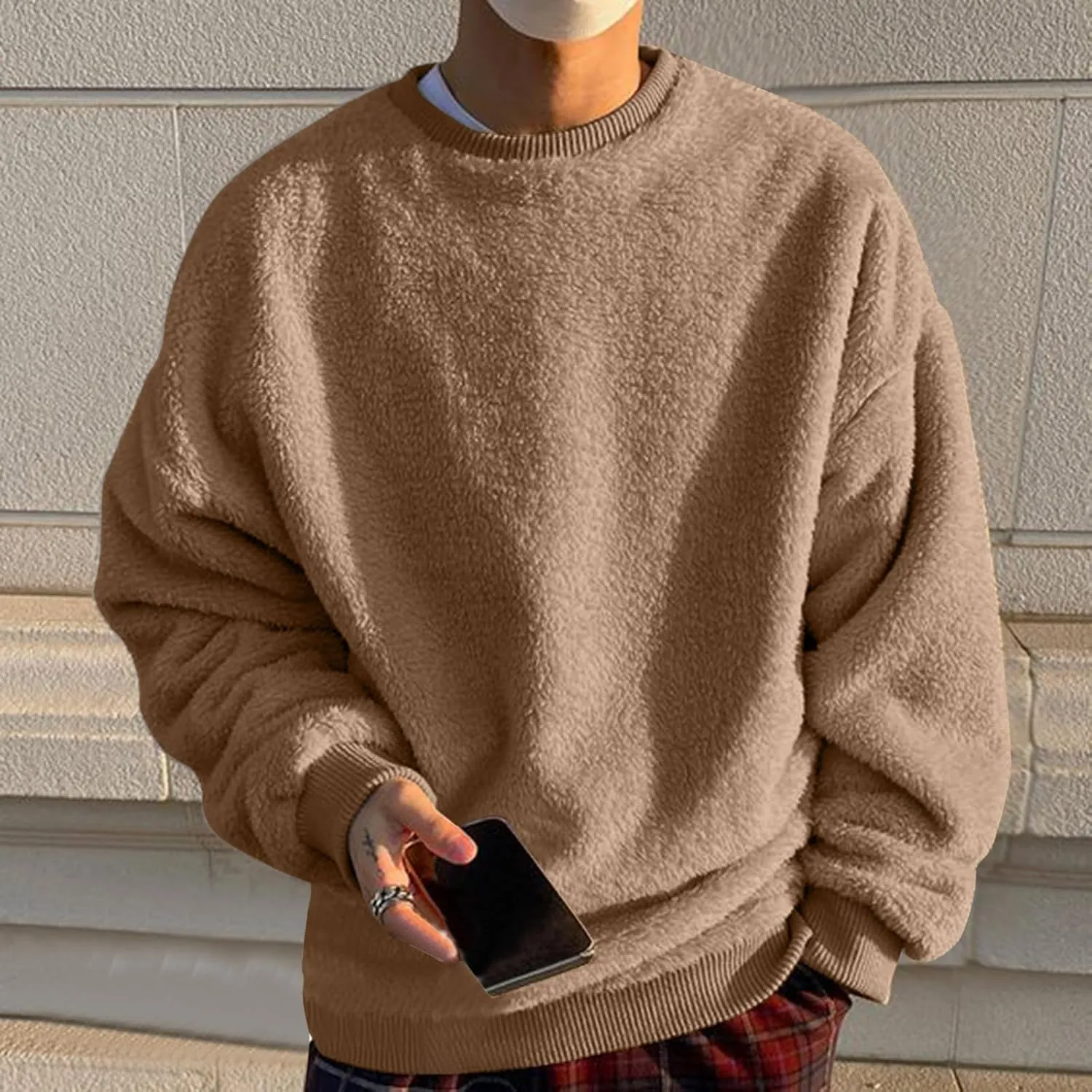 Men's Sherpa Lined Crewneck Sweatshirts Thermal Cotton Sweatshirts Premium Heavyweight Fleece Pullover Basic Tops