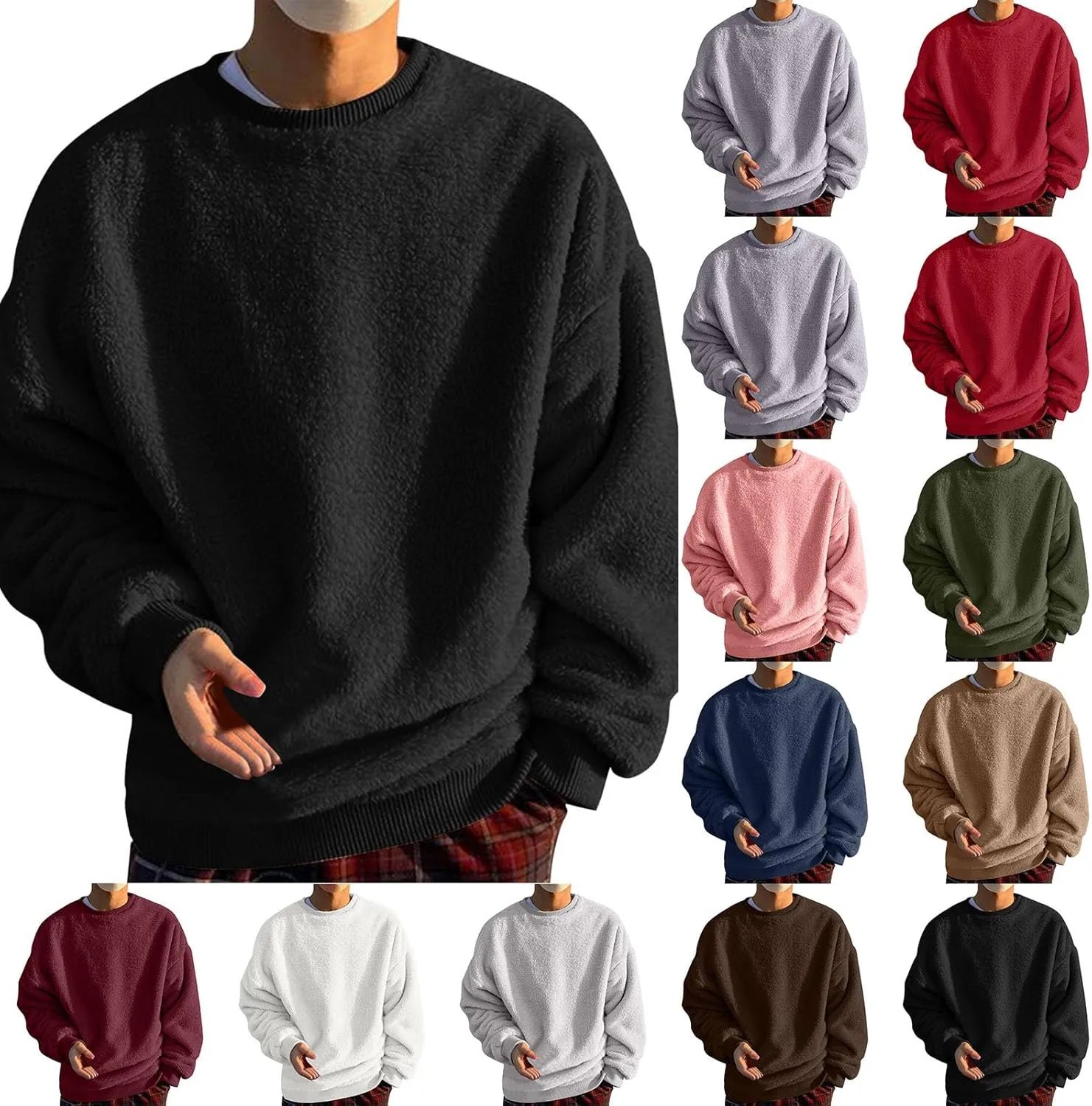 Men's Sherpa Lined Crewneck Sweatshirts Thermal Cotton Sweatshirts Premium Heavyweight Fleece Pullover Basic Tops