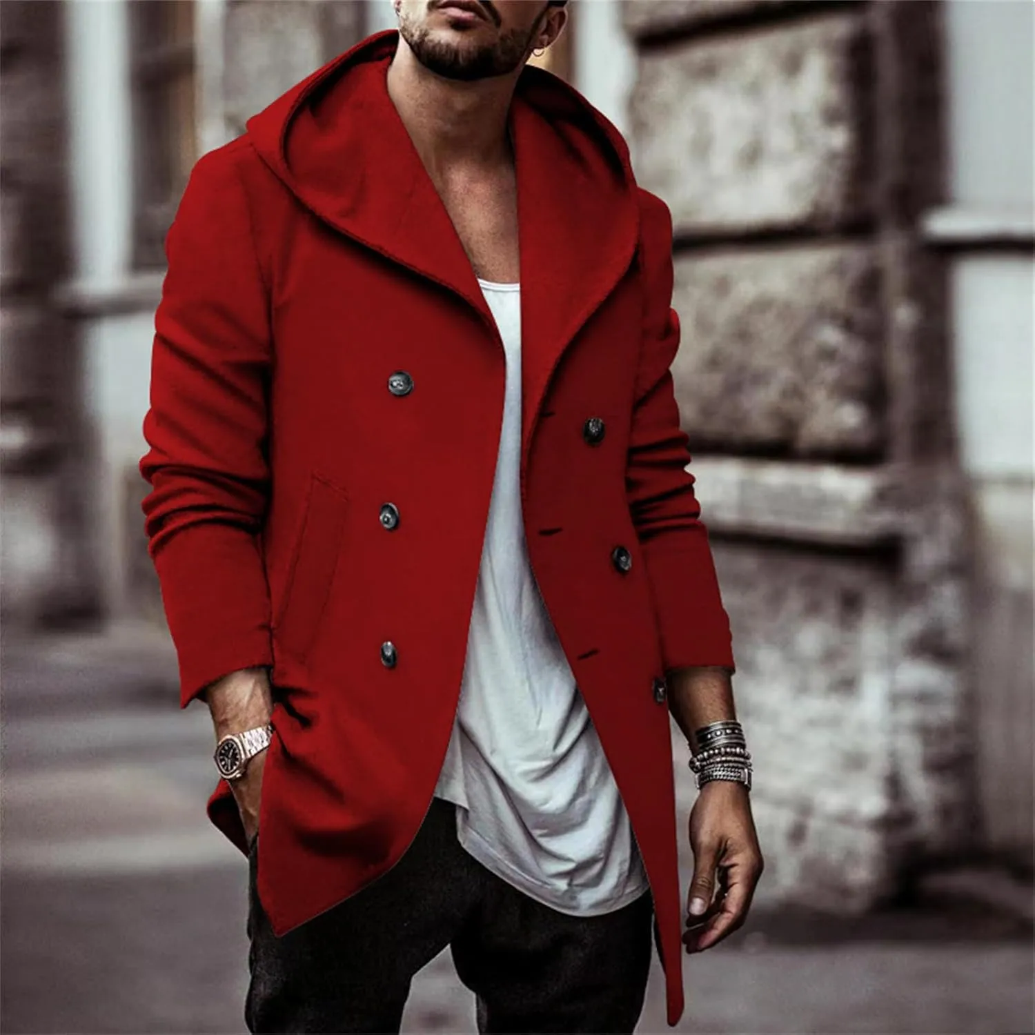 Mens Trench Coat with Hooded Slim Fit Mid Long Jackets Warm Winter Trench Coat Double Breasted Overcoat Windbreaker