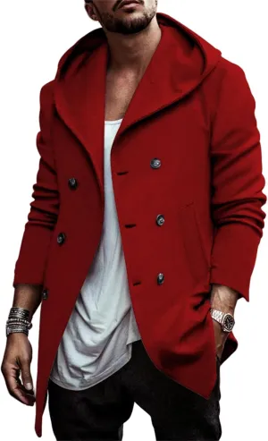 Mens Trench Coat with Hooded Slim Fit Mid Long Jackets Warm Winter Trench Coat Double Breasted Overcoat Windbreaker