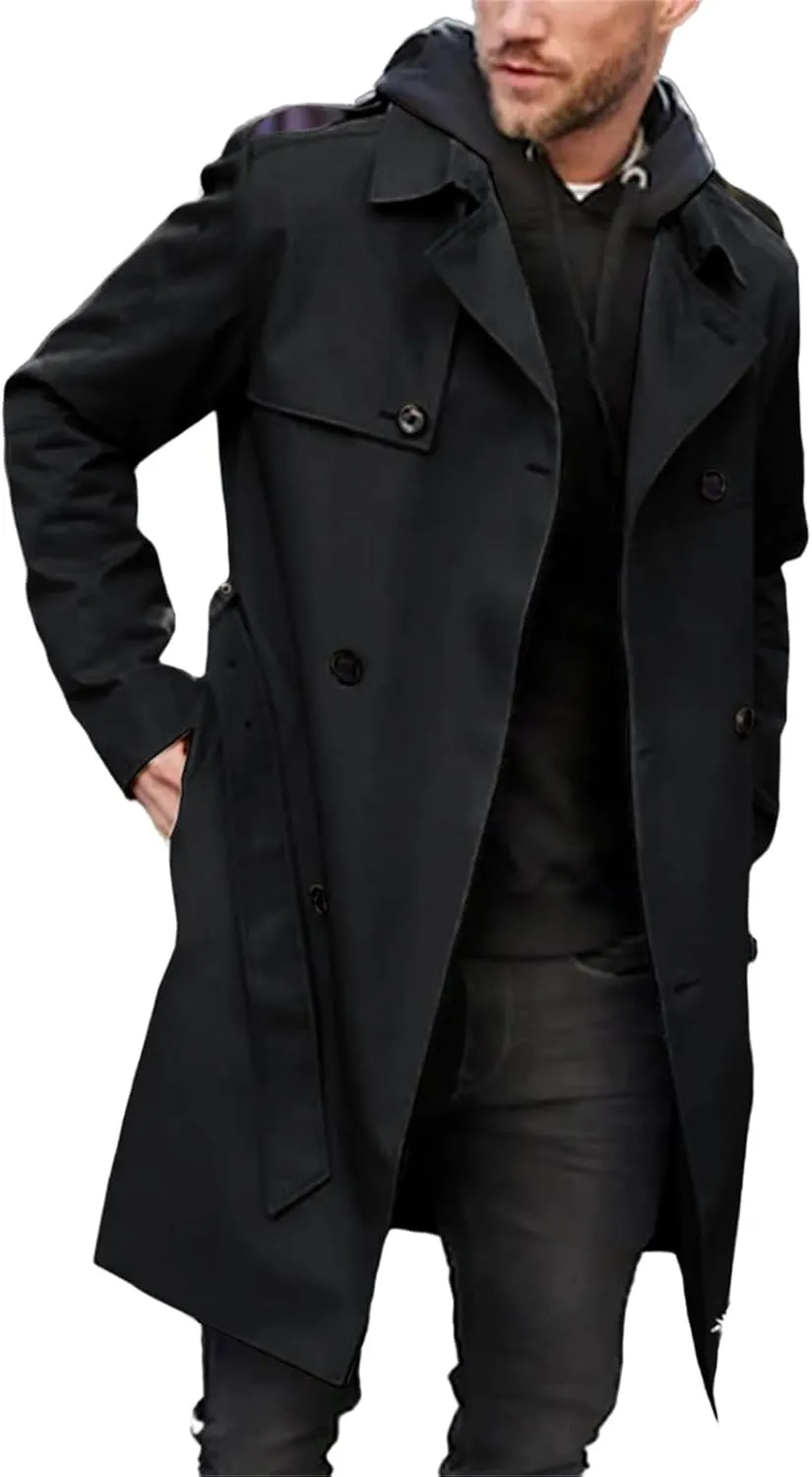 Mens Wool Blend Pea Coat Notched Collar Warm Soft Stylish Trench Jacket Mid Length Trench Jacket for Fall Winter