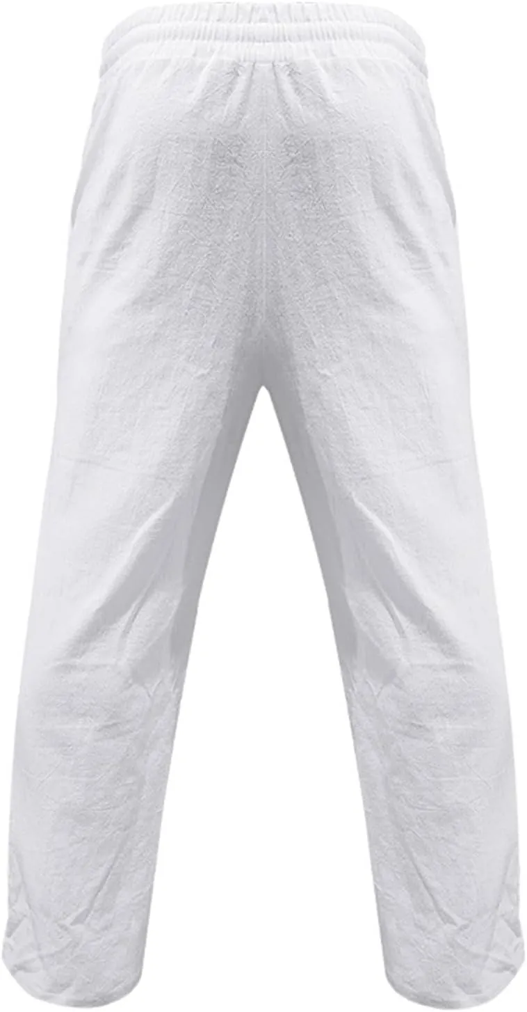 Men's Yoga Pants Linen Casual Loose Fit Beach Summer Lightweight Button Yoga Trousers with Pockets Pants, S-3XL