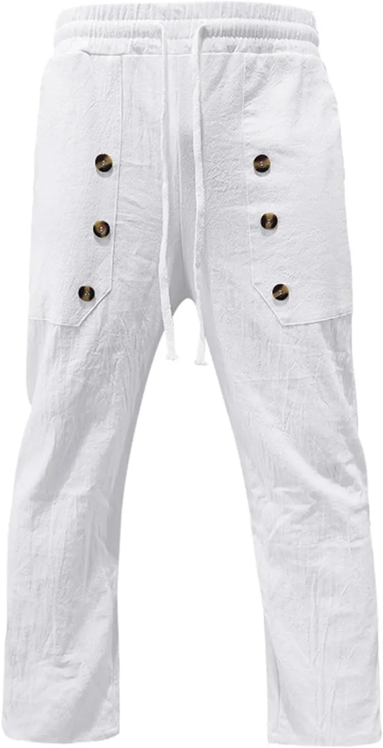 Men's Yoga Pants Linen Casual Loose Fit Beach Summer Lightweight Button Yoga Trousers with Pockets Pants, S-3XL