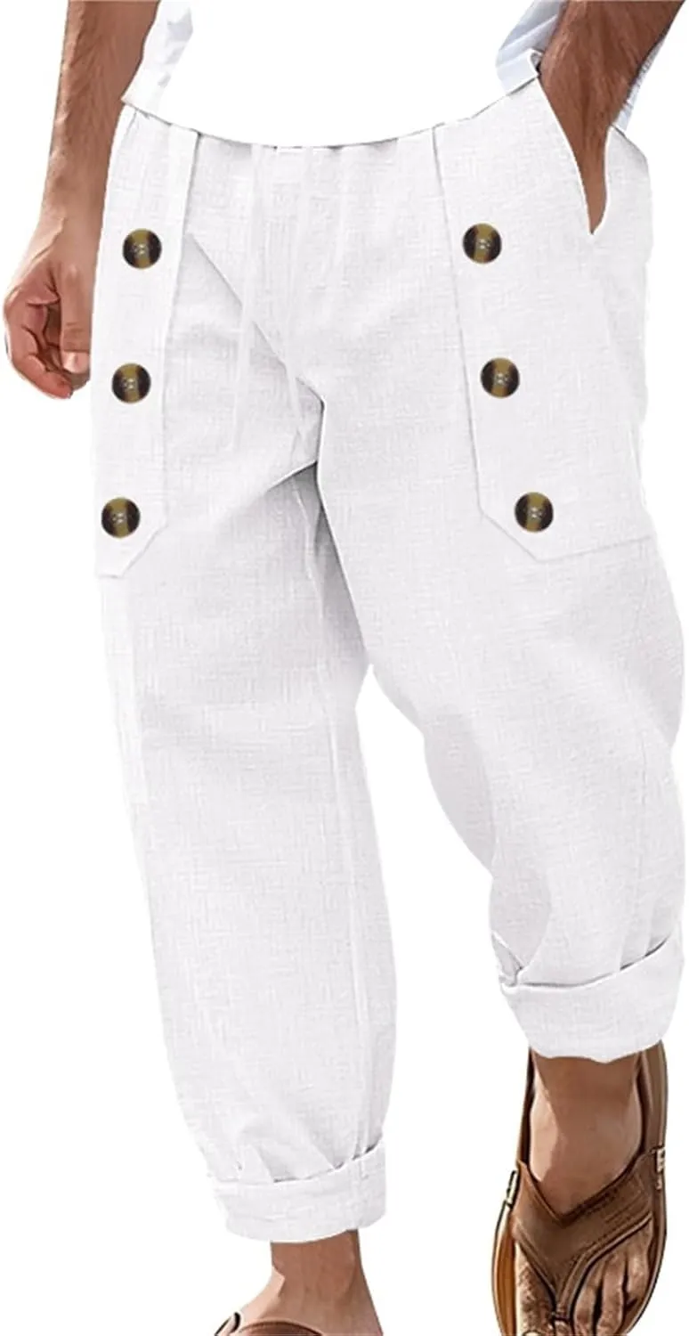 Men's Yoga Pants Linen Casual Loose Fit Beach Summer Lightweight Button Yoga Trousers with Pockets Pants, S-3XL