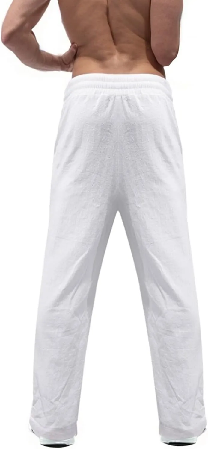 Men's Yoga Pants Linen Casual Loose Fit Beach Summer Lightweight Button Yoga Trousers with Pockets Pants, S-3XL
