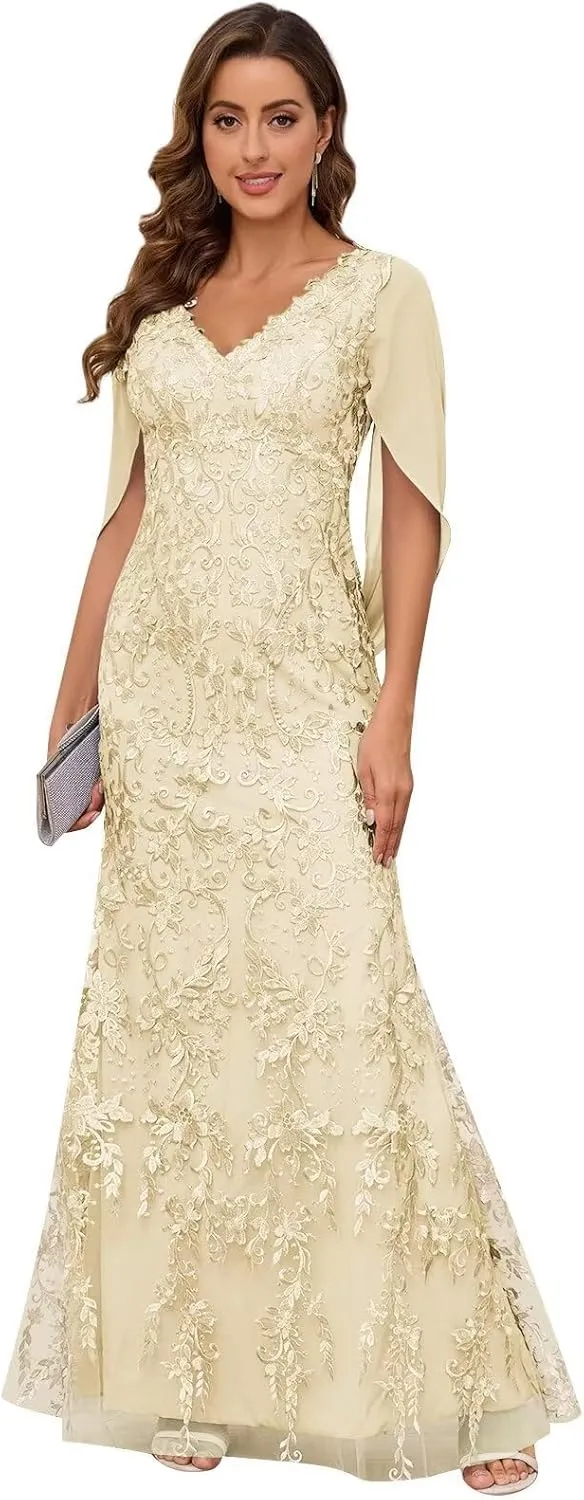 Mermaid Lace Mother of The Bride Dresses for Wedding V Neck Floor Length Formal Evening Gowns with Cape Sleeves