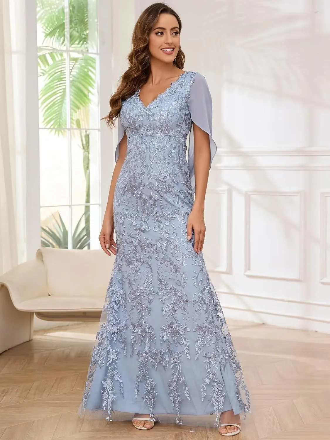 Mermaid Lace Mother of The Bride Dresses for Wedding V Neck Floor Length Formal Evening Gowns with Cape Sleeves