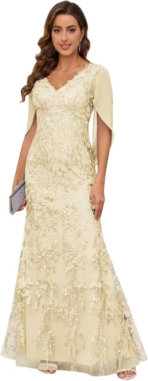 Mermaid Lace Mother of The Bride Dresses for Wedding V Neck Floor Length Formal Evening Gowns with Cape Sleeves