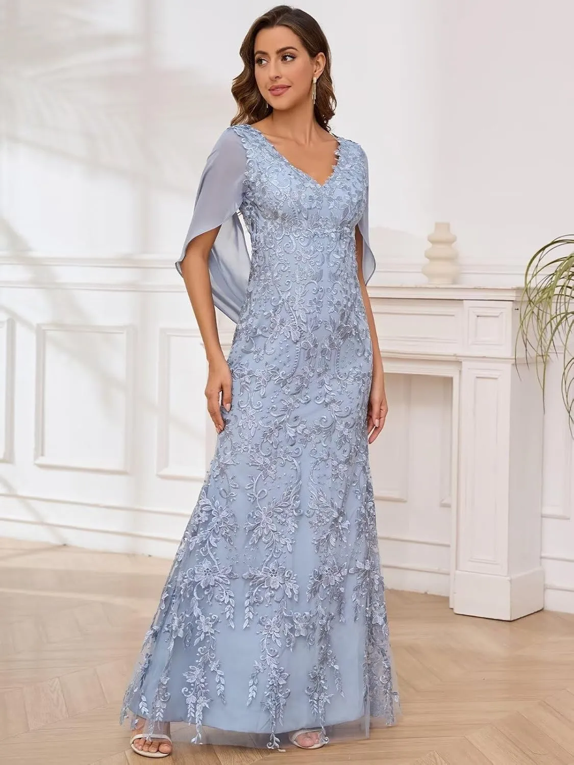 Mermaid Lace Mother of The Bride Dresses for Wedding V Neck Floor Length Formal Evening Gowns with Cape Sleeves