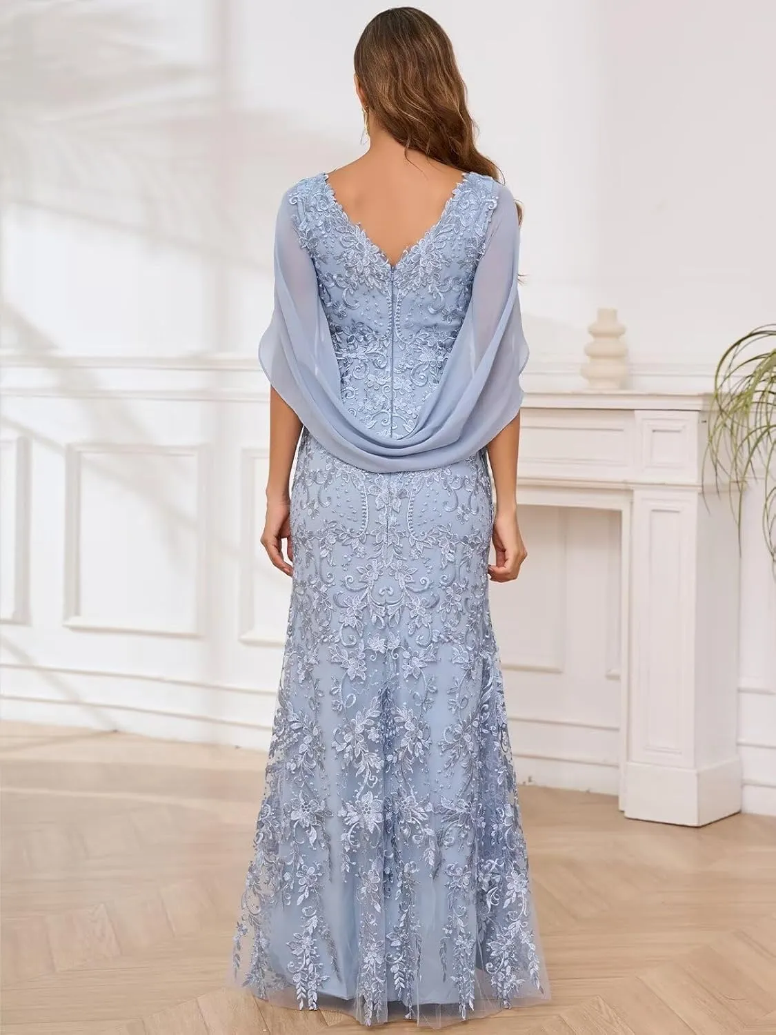 Mermaid Lace Mother of The Bride Dresses for Wedding V Neck Floor Length Formal Evening Gowns with Cape Sleeves