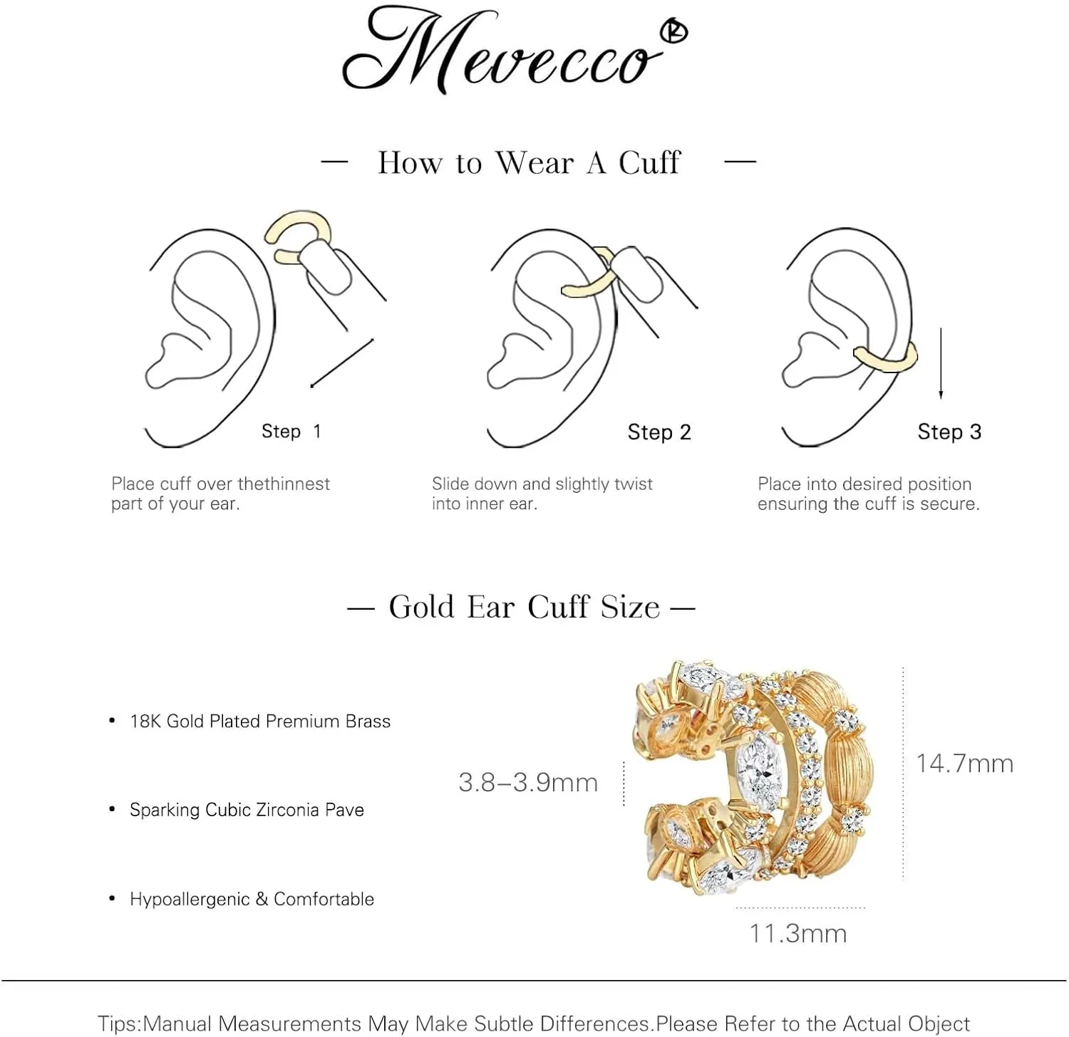MEVECCO Ear Cuffs Non Piercing For Women 18K Gold Plated CZ Ear Cuff Earring Clip on Cartilage Fake Hoop Earrings Stack Jewelry Gifts