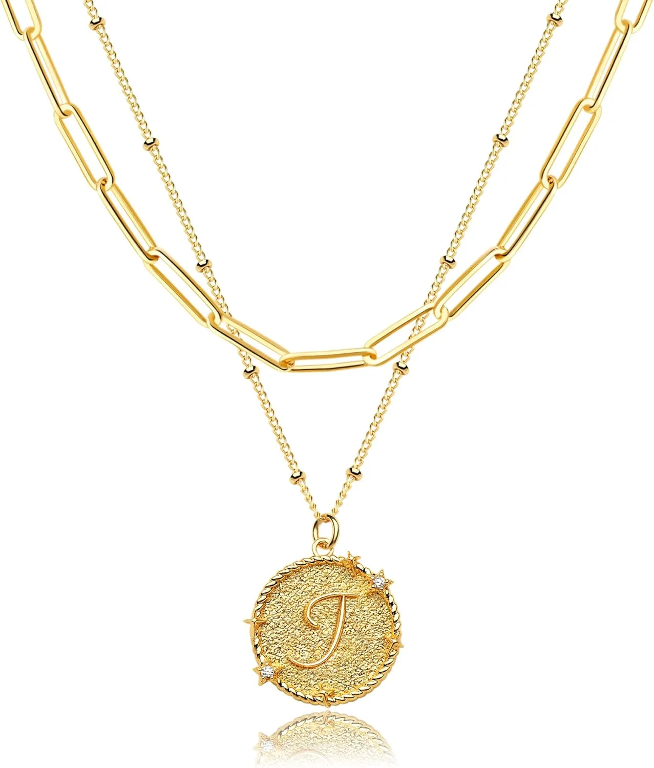 MEVECCO Gold Layered Initial Necklaces for Women 18K Gold Plated CZ Alphabet Coin Pendant Necklace Letter Disc Charm Necklace Personalized Paperclip Link Chain Chokers Dainty Jewelry Gift for Her
