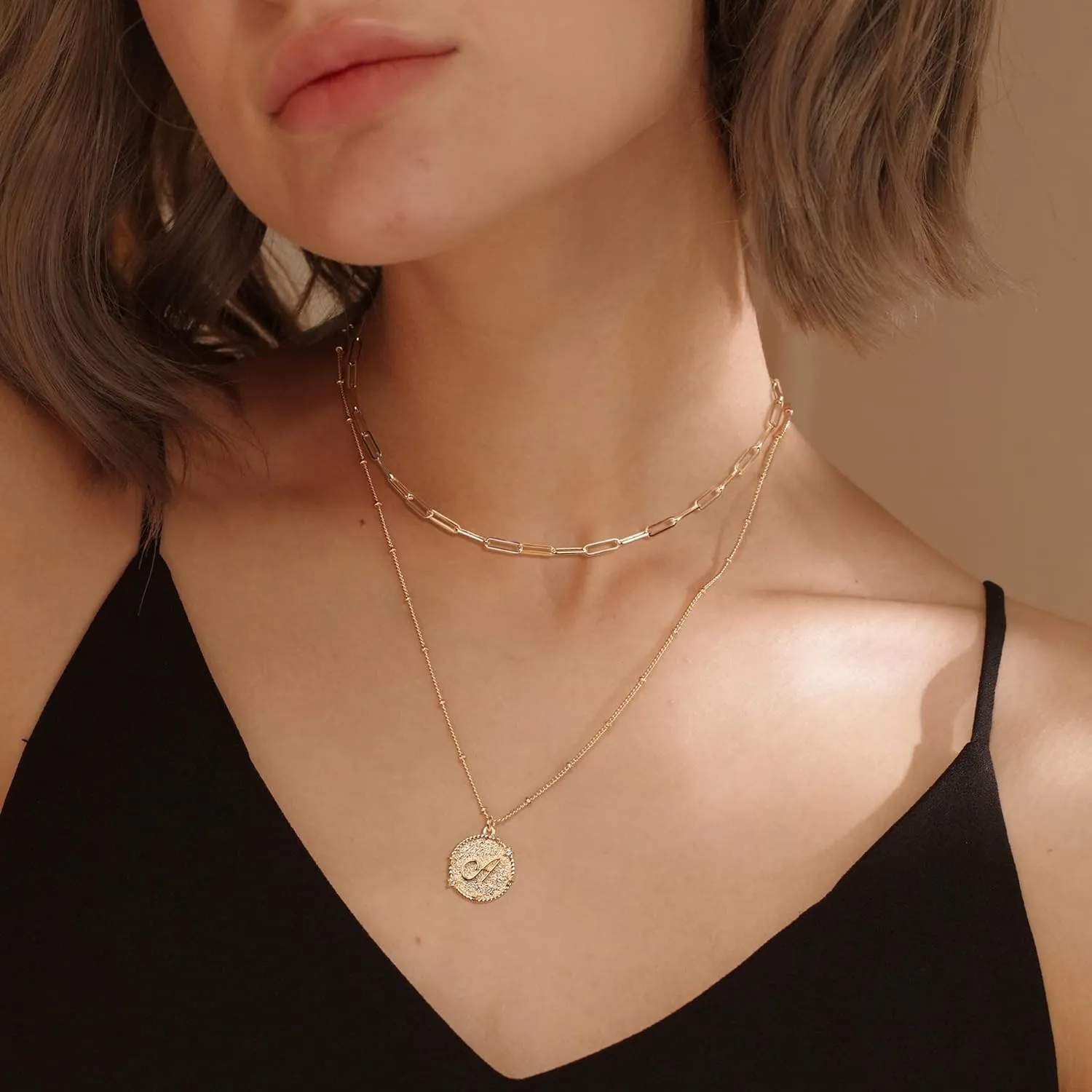 MEVECCO Gold Layered Initial Necklaces for Women 18K Gold Plated CZ Alphabet Coin Pendant Necklace Letter Disc Charm Necklace Personalized Paperclip Link Chain Chokers Dainty Jewelry Gift for Her