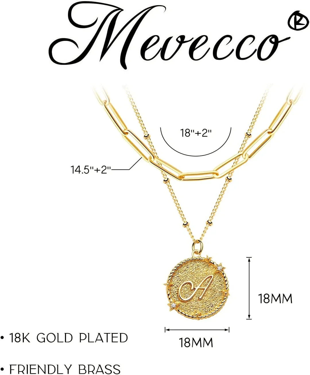 MEVECCO Gold Layered Initial Necklaces for Women 18K Gold Plated CZ Alphabet Coin Pendant Necklace Letter Disc Charm Necklace Personalized Paperclip Link Chain Chokers Dainty Jewelry Gift for Her