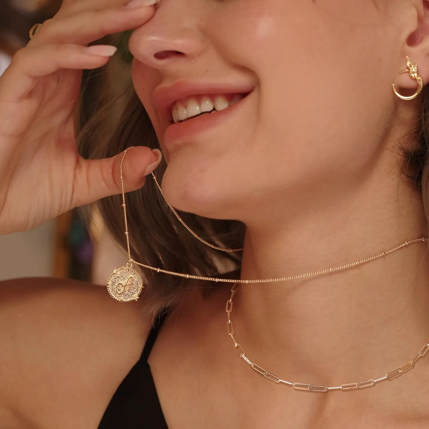 MEVECCO Gold Layered Initial Necklaces for Women 18K Gold Plated CZ Alphabet Coin Pendant Necklace Letter Disc Charm Necklace Personalized Paperclip Link Chain Chokers Dainty Jewelry Gift for Her