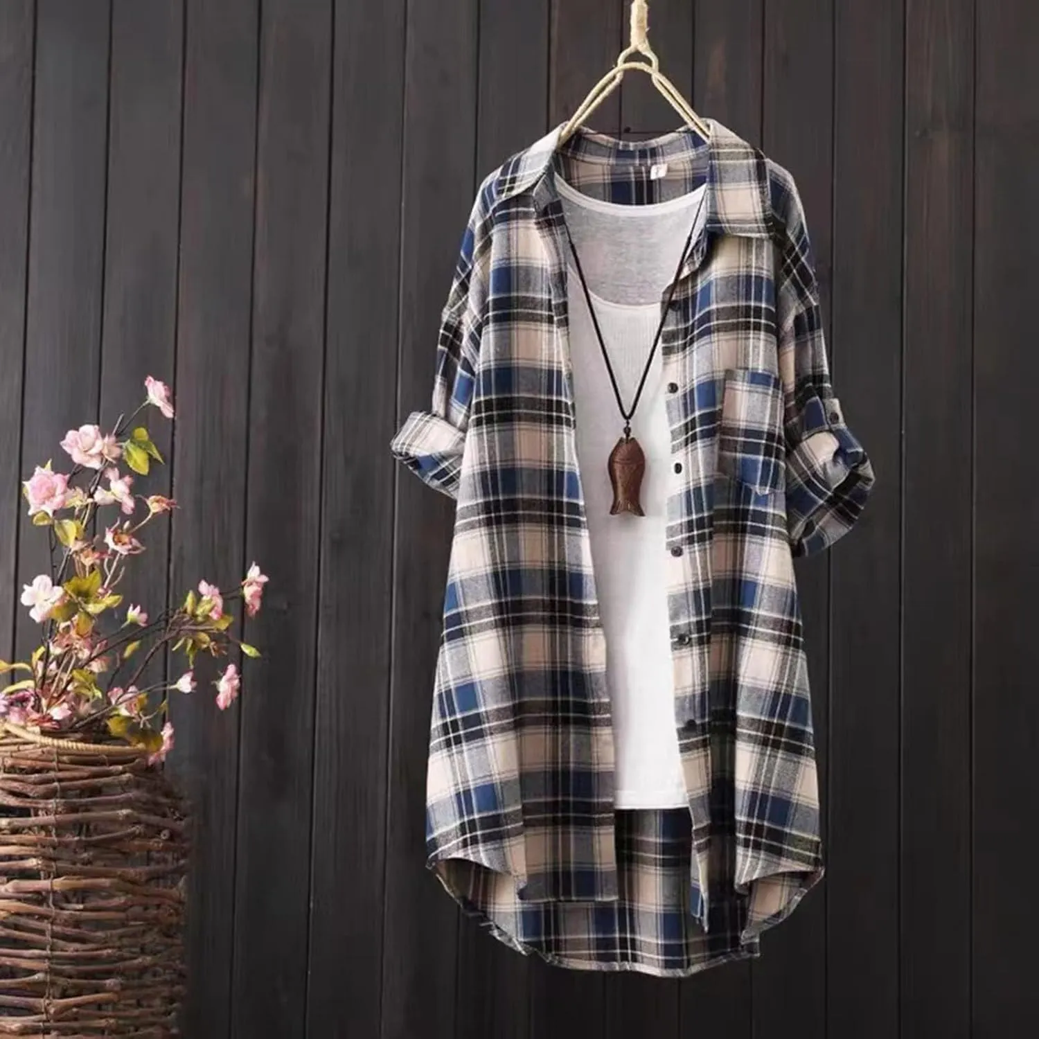 Mid Length Plaid Shirt for Women 2024 Spring and Autumn New Shirt Korean Style Long Sleeved Loose Coat Top