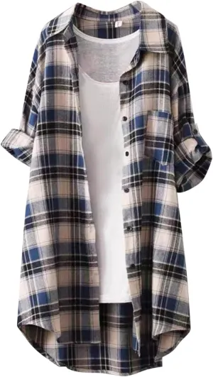 Mid Length Plaid Shirt for Women 2024 Spring and Autumn New Shirt Korean Style Long Sleeved Loose Coat Top