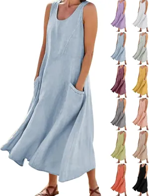 midelxp Summer Sundresses for Women Casual Loose Swing Beach Tank Dresses Sleeveless Solid Color Long Dresses with Pocket