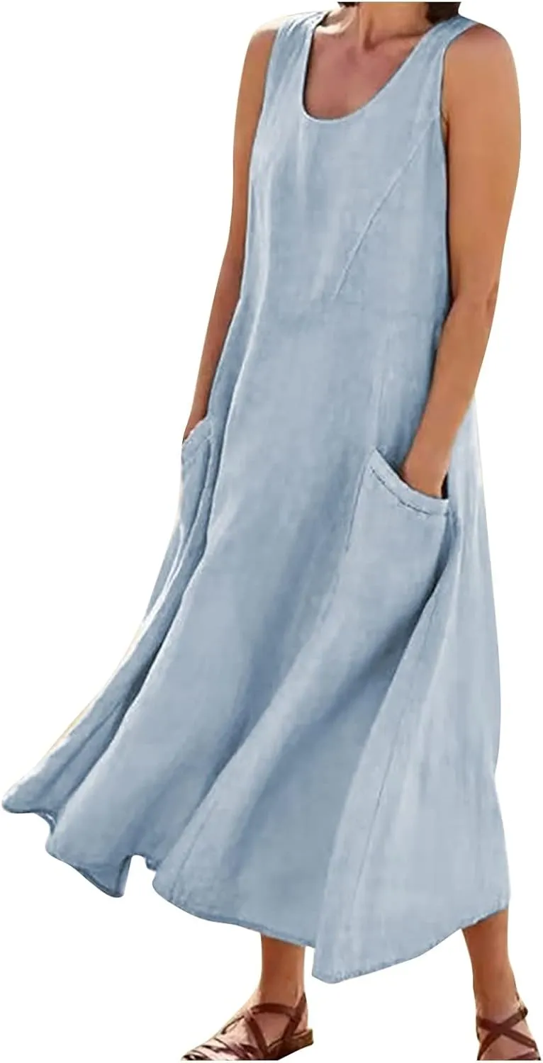 midelxp Summer Sundresses for Women Casual Loose Swing Beach Tank Dresses Sleeveless Solid Color Long Dresses with Pocket