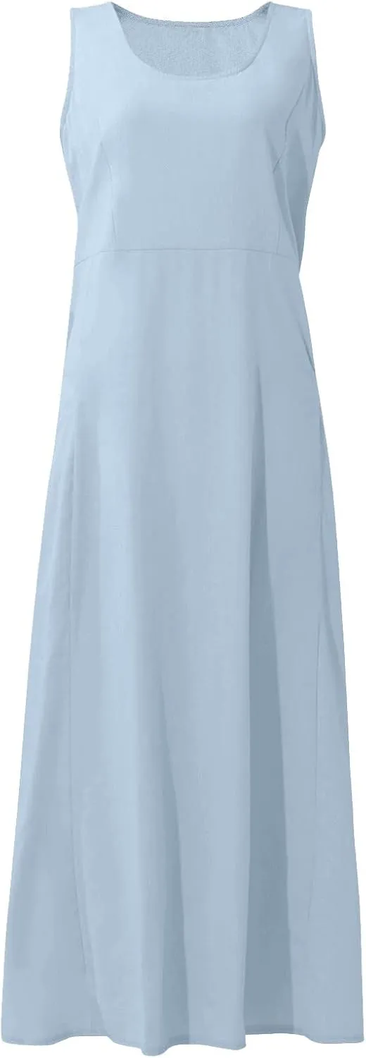 midelxp Summer Sundresses for Women Casual Loose Swing Beach Tank Dresses Sleeveless Solid Color Long Dresses with Pocket