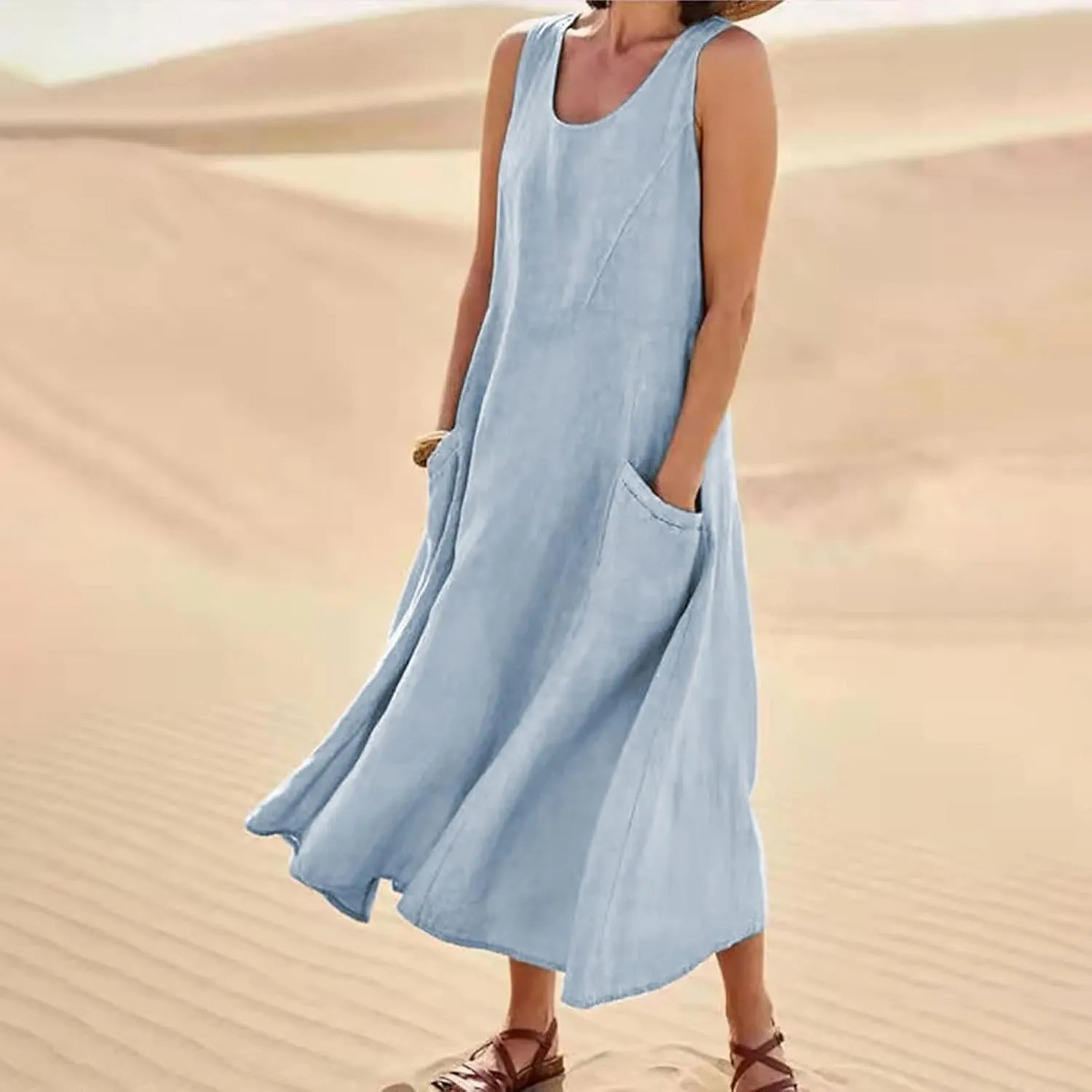 midelxp Summer Sundresses for Women Casual Loose Swing Beach Tank Dresses Sleeveless Solid Color Long Dresses with Pocket