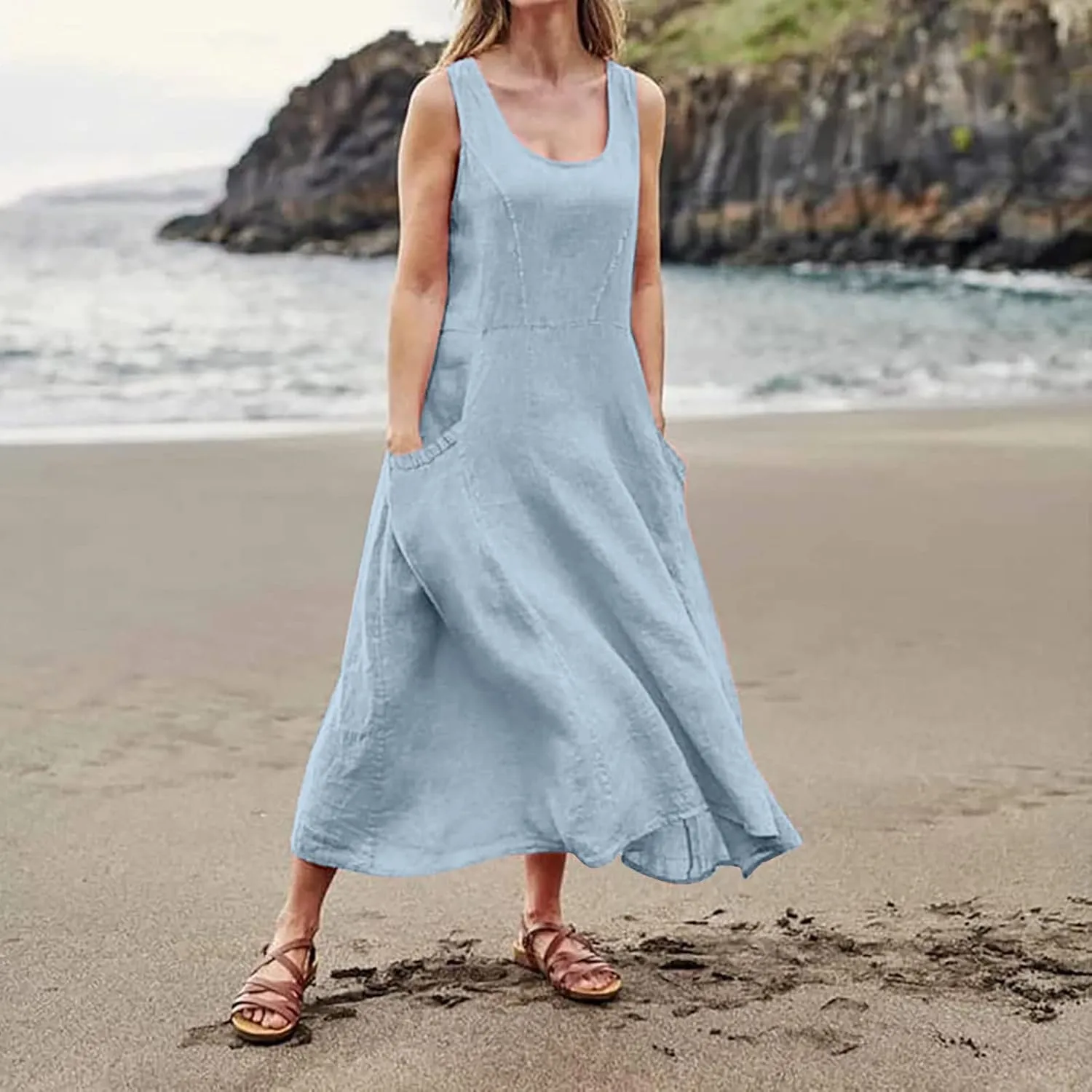 midelxp Summer Sundresses for Women Casual Loose Swing Beach Tank Dresses Sleeveless Solid Color Long Dresses with Pocket