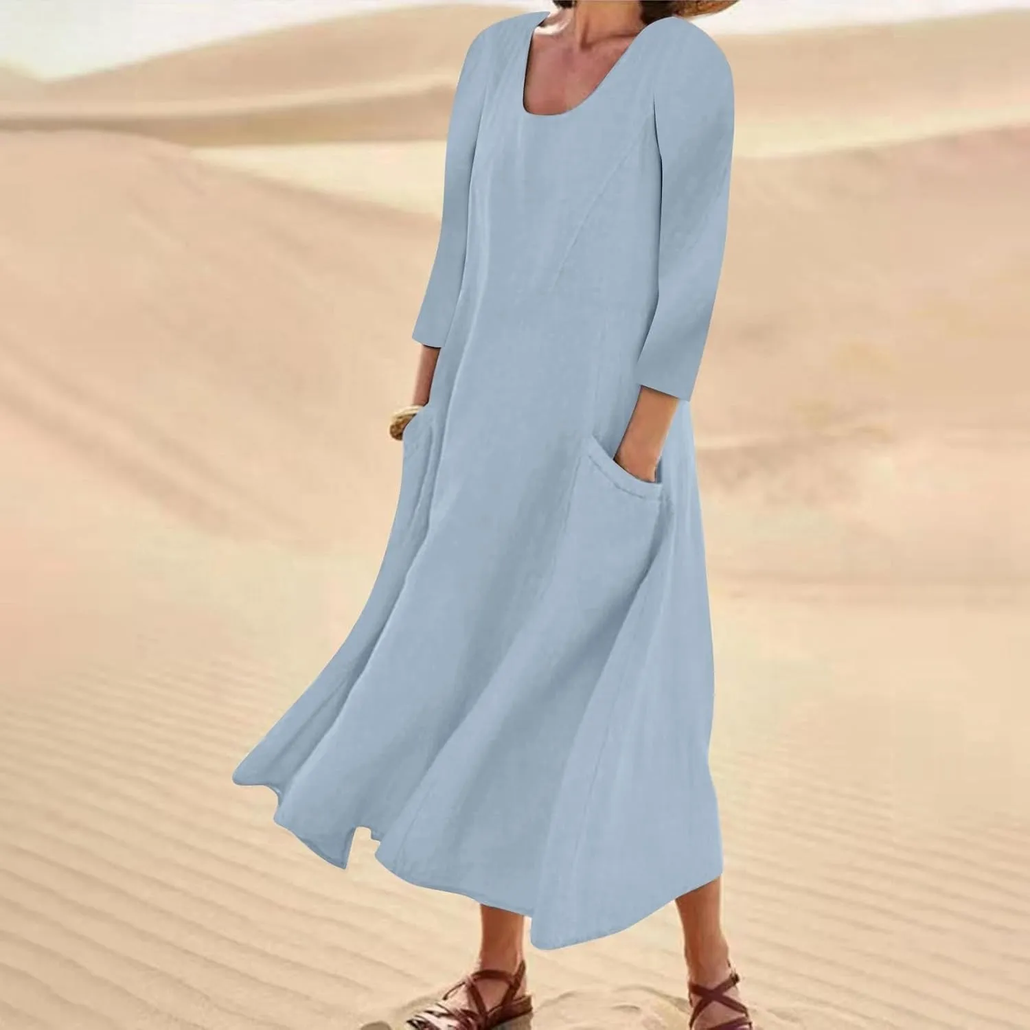 Midi Dresses for Women 3/4 Sleeve Plus Size Maxi Dress with Pockets Elegant Casual Modest Scoop Neck Flowy Summer Dress
