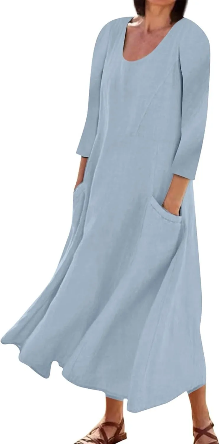 Midi Dresses for Women 3/4 Sleeve Plus Size Maxi Dress with Pockets Elegant Casual Modest Scoop Neck Flowy Summer Dress