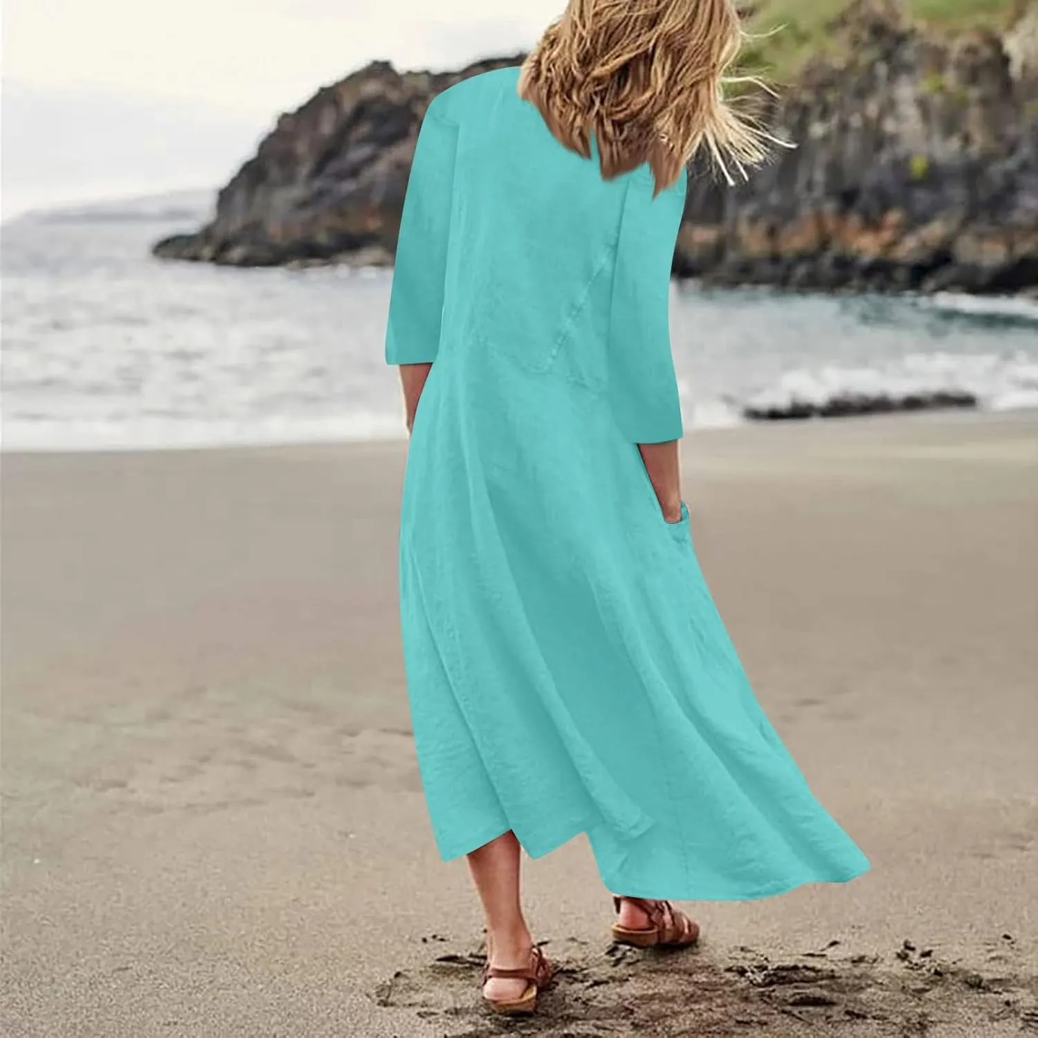 Midi Dresses for Women 3/4 Sleeve Plus Size Maxi Dress with Pockets Elegant Casual Modest Scoop Neck Flowy Summer Dress